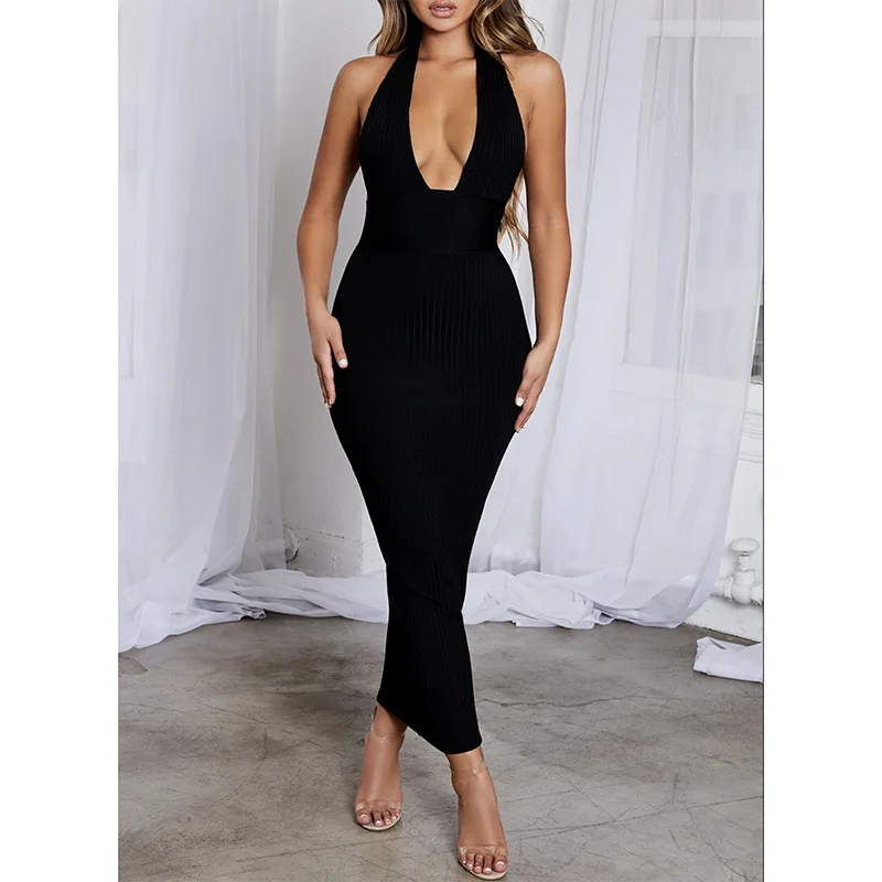 

Summer Black White Sexy V Neck Halter Bandage Maxi Dress Women Casual Party Dress