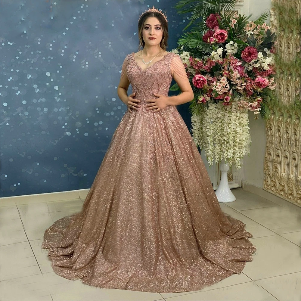 

Shinny Pink Sequins Prom Dress Long Beading Lace Ball Gown Lace Up Women Evening Gown Customize vestidos de fiesta فساتين السهرة