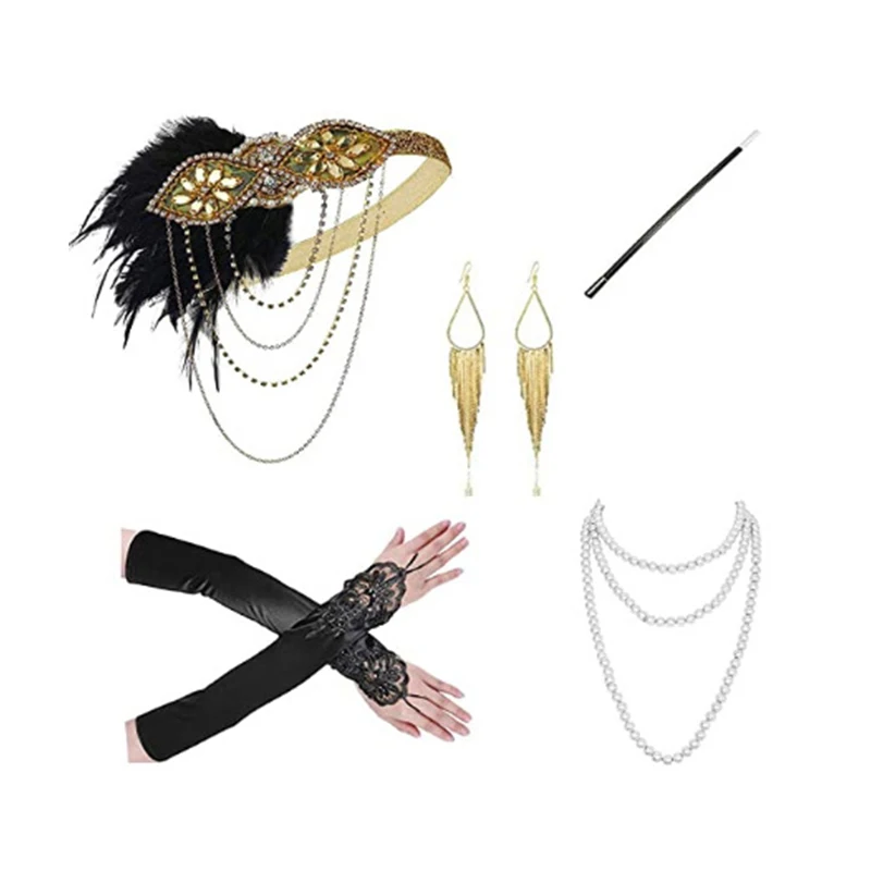 5Pcs/set Women 1920S Headband The Great Gatsby Cosplay Stage Performance Retro Feather Headband Necklace Earring Accessories Set