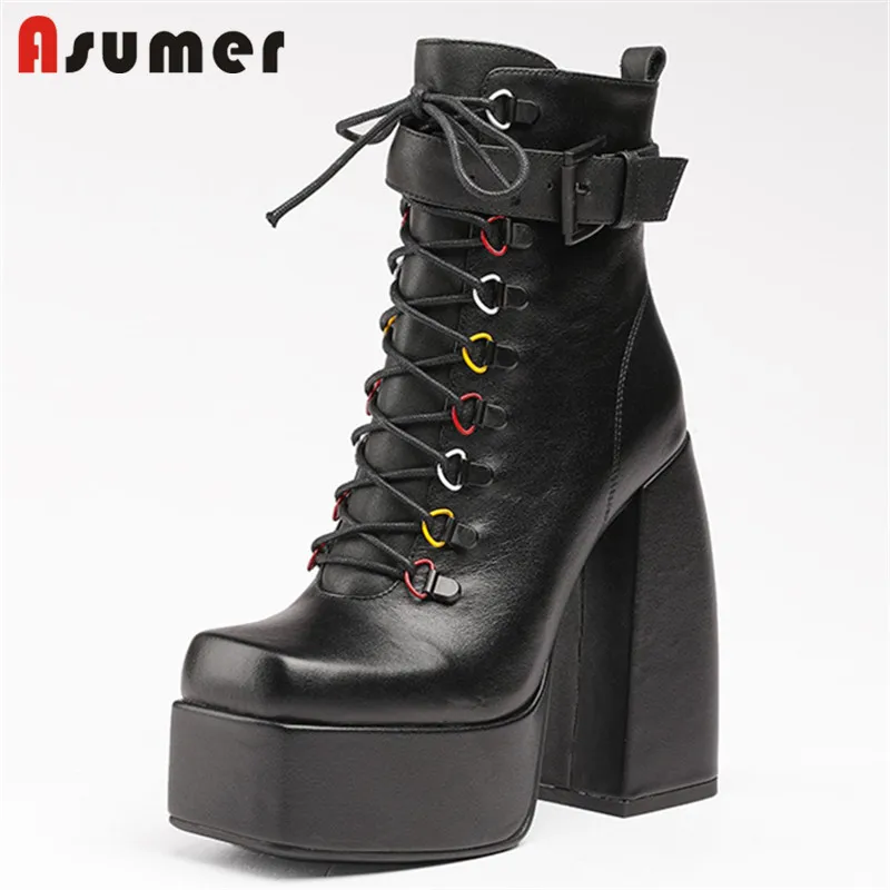 

Asumer 2022 Newest Genuine Leather Shoes Women Ankle Boots Black Rome Shoes Top Quality Sexy Super High Heel Platform Boots Lady