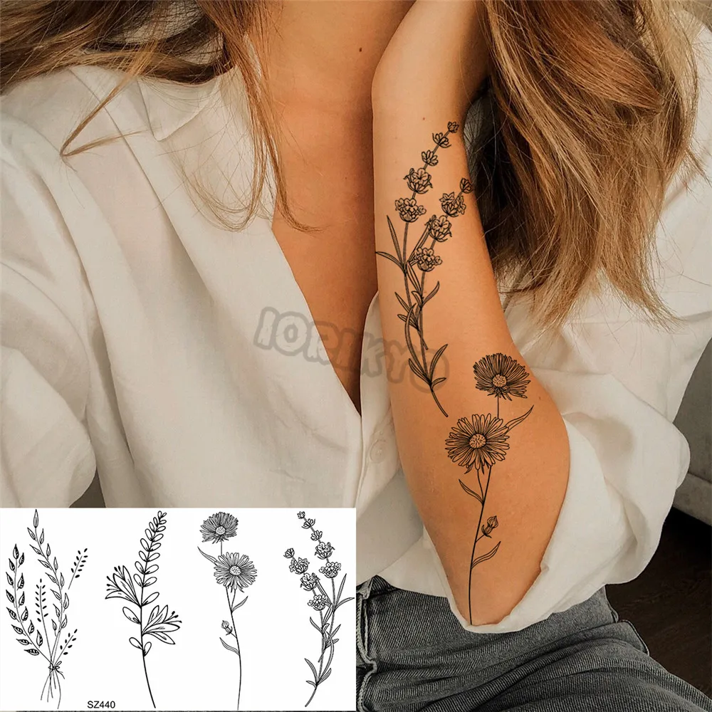 Colorful Lavender Flower Temporary Tattoos For Women Girls Realistic Thorns Fake Tattoo Sticker Leg Arm Tatoos Hot Sale Creative