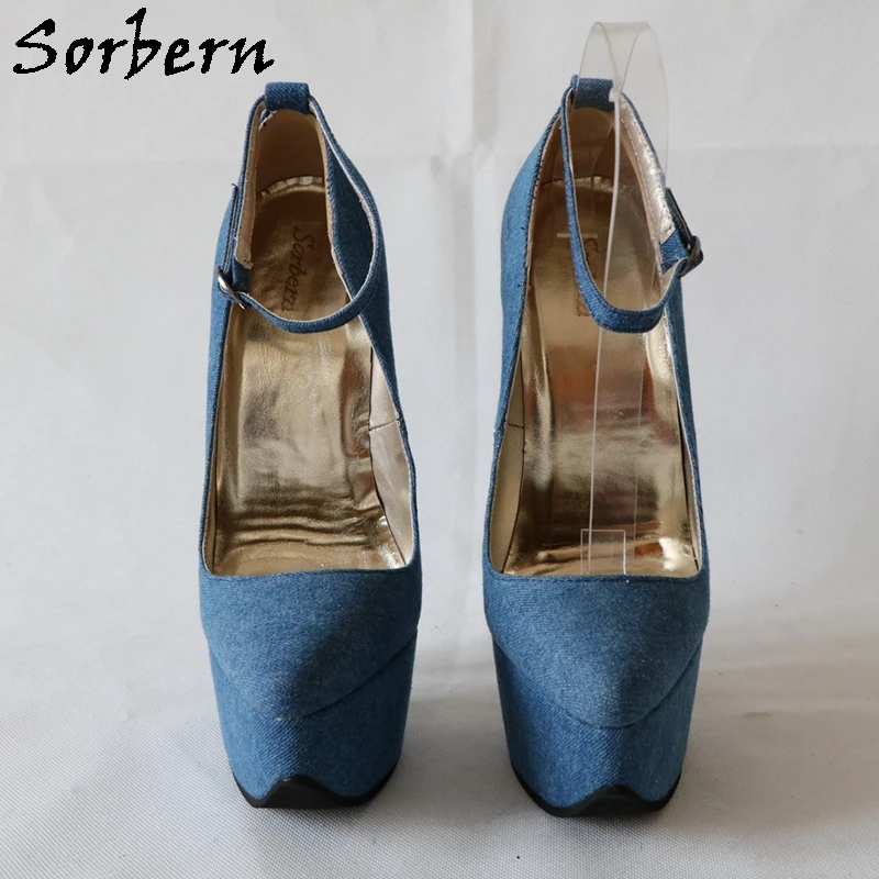 Sorbern Blue Demin Women Pump Shoes Jeans Ankle Strap 20Cm High Heel Stilettos Platform Pointed Toes Sexy Shoe Custom Colors