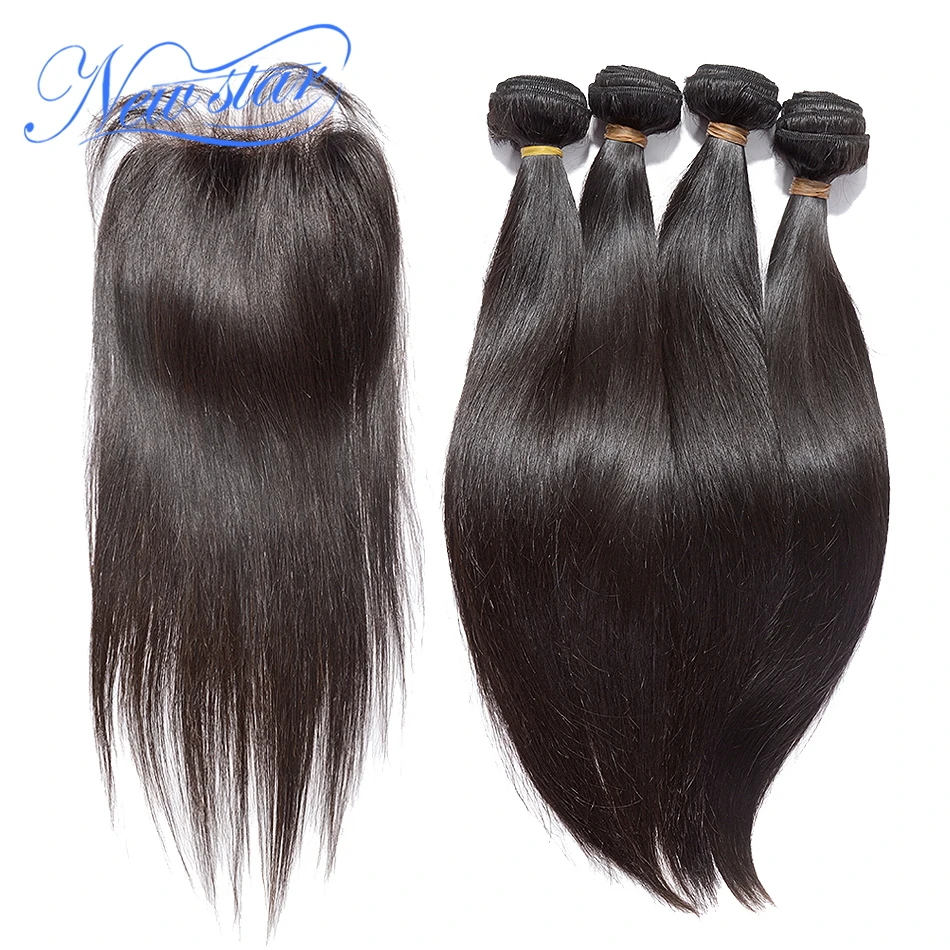 Brazilian Straight 10A Hair 4 Bundles With HD 4x4 Closure New Star Raw Virgin Hair Weaving And Transparent 5x5 Lace Cosure