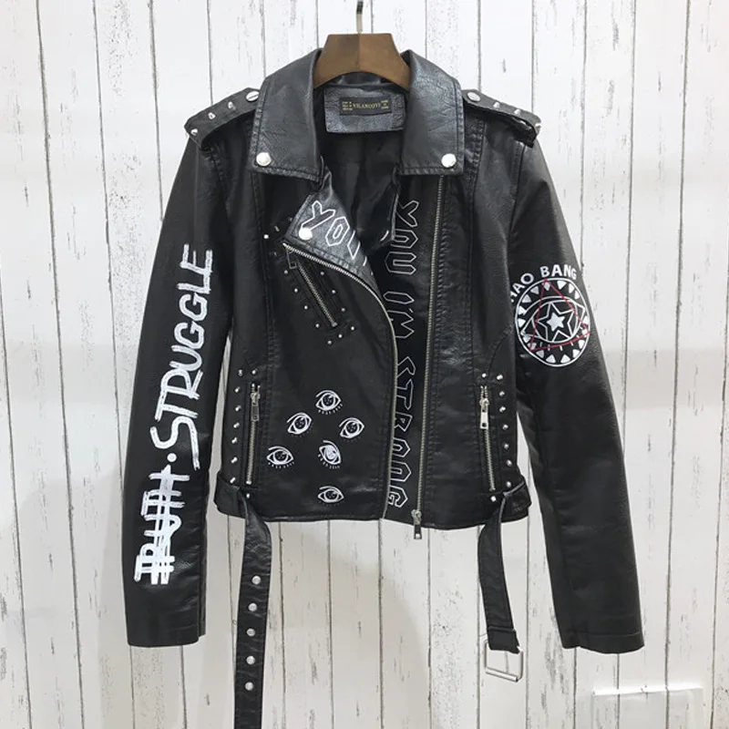 FMFSSOM Spring  Women Faux Leather Jacket Turn-Down Collar Letter Print Epaulet Rivet Zipper lady letter vintage Biker Outerwear