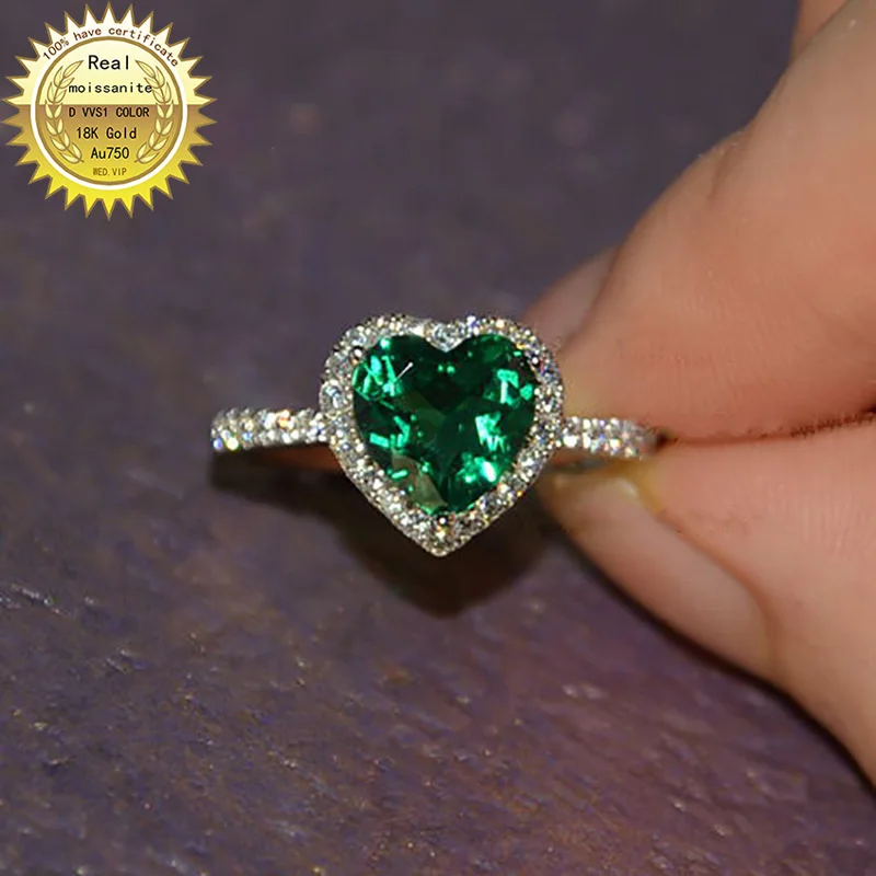 

18K gold 1.5ct Lab Created Emerald and Moissanite Diamond Ring With national certificate 001