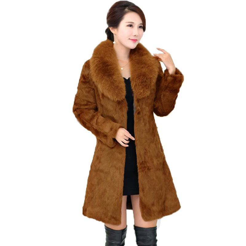 85cm 5XL Plus size 2020 real natural rex rabbit hair fur coat  colors women's long design winter warm outwear female overcoat