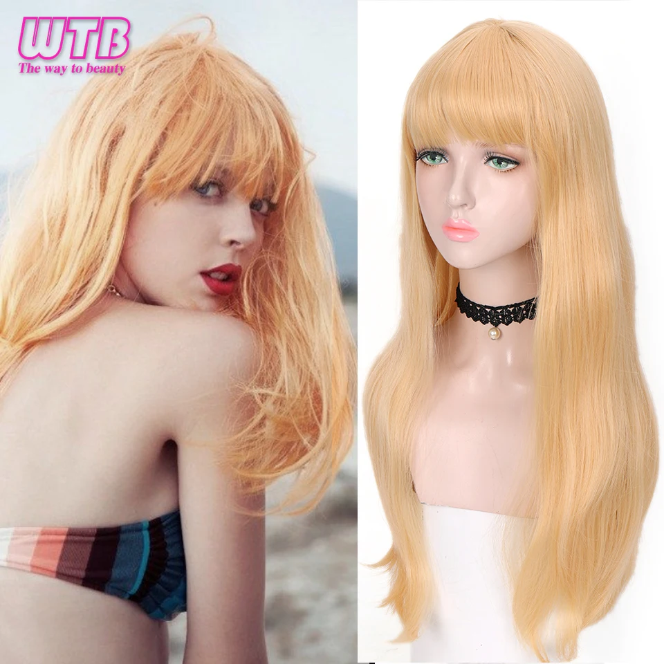 Long Straight Synthetic Tangerine Color Wig with Bangs for Women Nature Black Wigs Cosplay Female Daily Use Hair Wigs