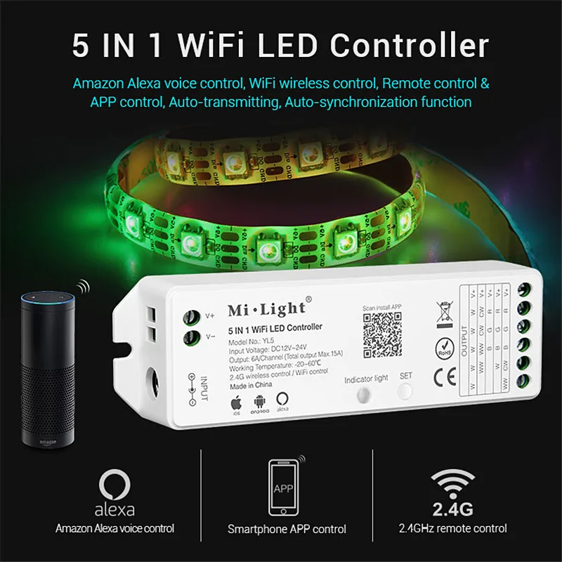 

Mi.Light 5 IN 1 WL5 WiFi LED Controller MiBoxer Wireless WiFi Strip Controller Support Phone APP Alexa Voice Control