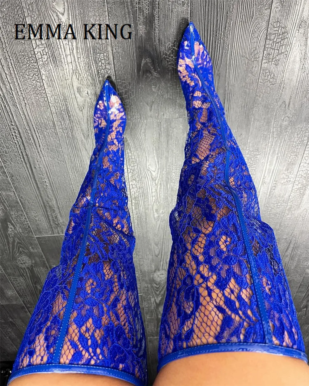 Lace With PVC Blue Thigh High Boots Sexy Pointed Toe Stiletto High Heels Long Boot Transparent Over The Knee Boot Plus Size 44