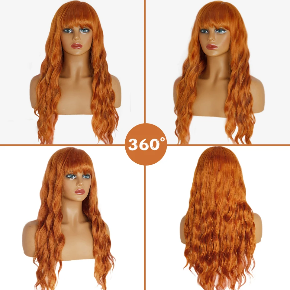 Long orange wig with bangs wavy curls ginger bangs synthetic women's orange long wig natural appearance suitable for daily