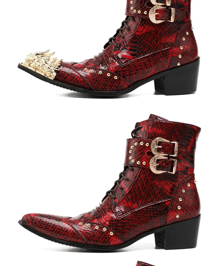 Herren Maßgefertigte Schlangenleder-Stiefel mit Nieten, Mittelhoch, Spitze Zehenkappe, Luxuriöser Singer-Modell-Stil, Bar-Party, Persönlichkeit, Herbstschuhe – Detail 11
