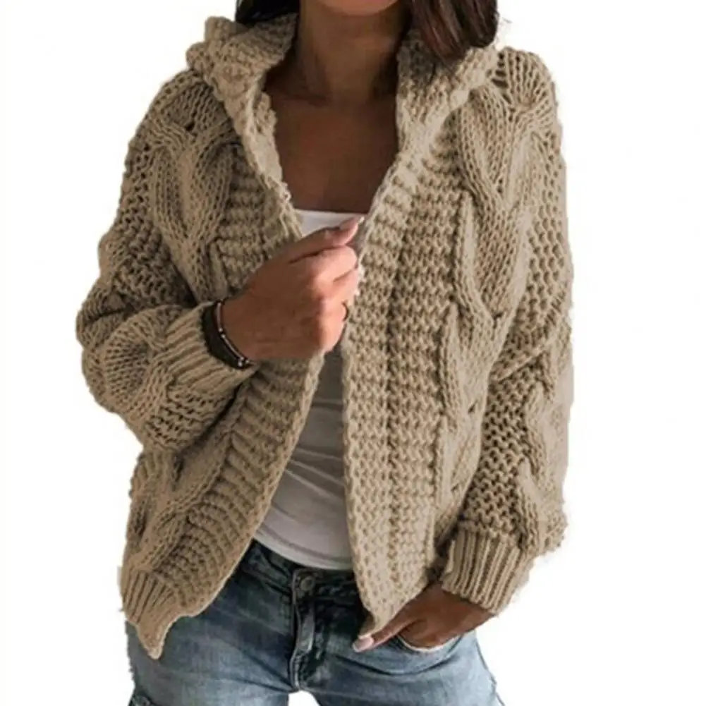 Loose Knitted Coat Long Sleeve V Neck Solid Color Twist Hooded Knitwear Cardigan for Office