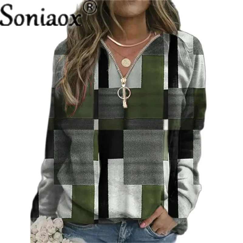 2021 Autumn Women Sweatshirts Loose Casual V Neck Zipper Long Sleeve Plaid Top Pullover Streetwear Ladies Fashion Ladies Hoodies