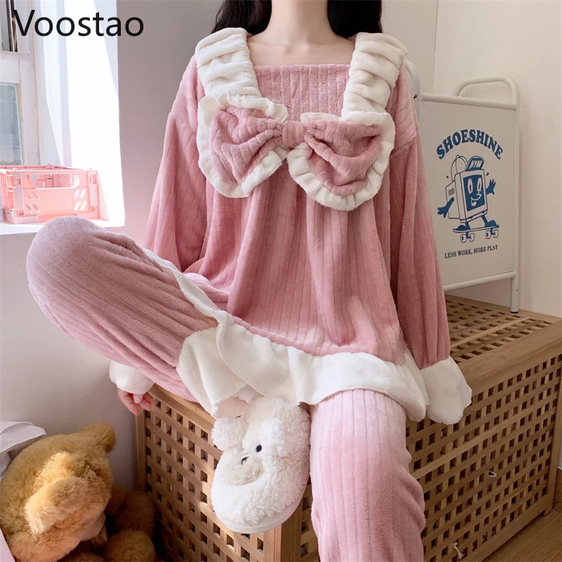 Autumn Winter Sweet Lolita Style Princess Coral Fleece Pajamas Sets Women Cute Bow Sleepwear Girly Kawaii Pink Home Wear Pyjamas