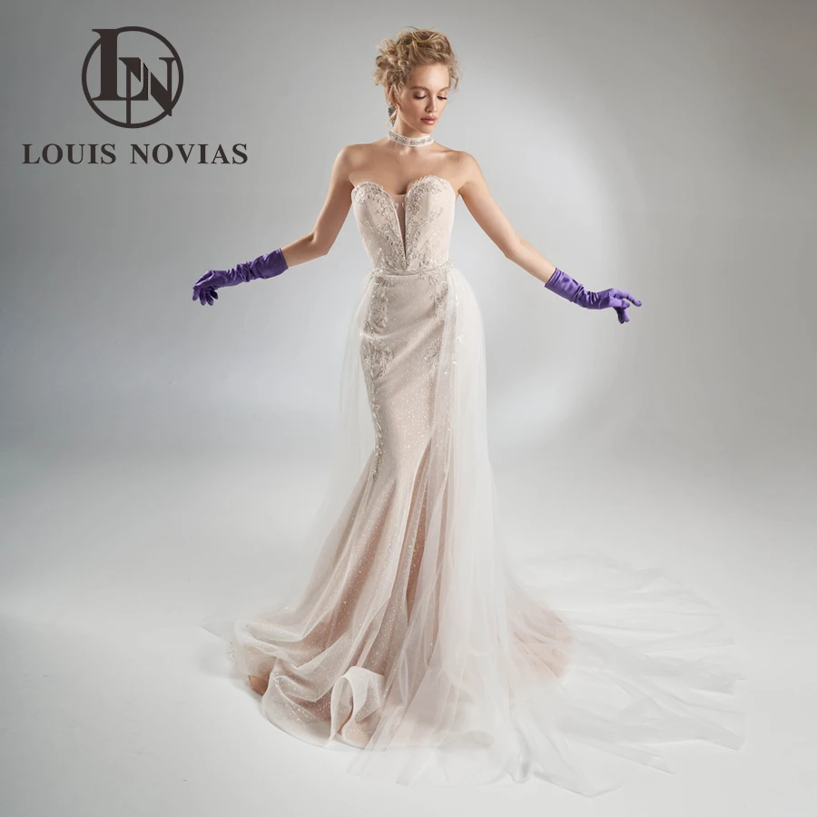 

LOUIS NOVIAS Свадебное платье русалки, сексуальное блестящее платье невесты без бретелек с вышивкой бисером, свадебное платье 2 в 1, съемный шлейф