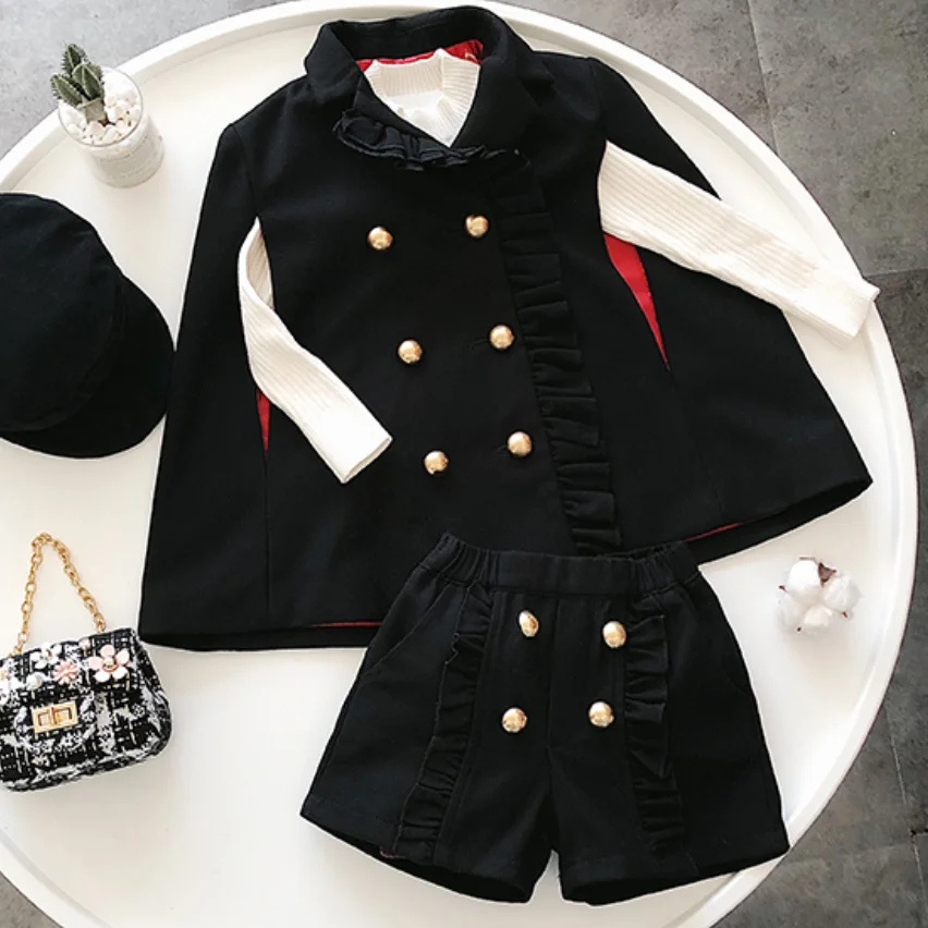 Spring Autumn girls 2 pcs set baby cape + shorts kids brand suit children fashion sleeveless double breasted