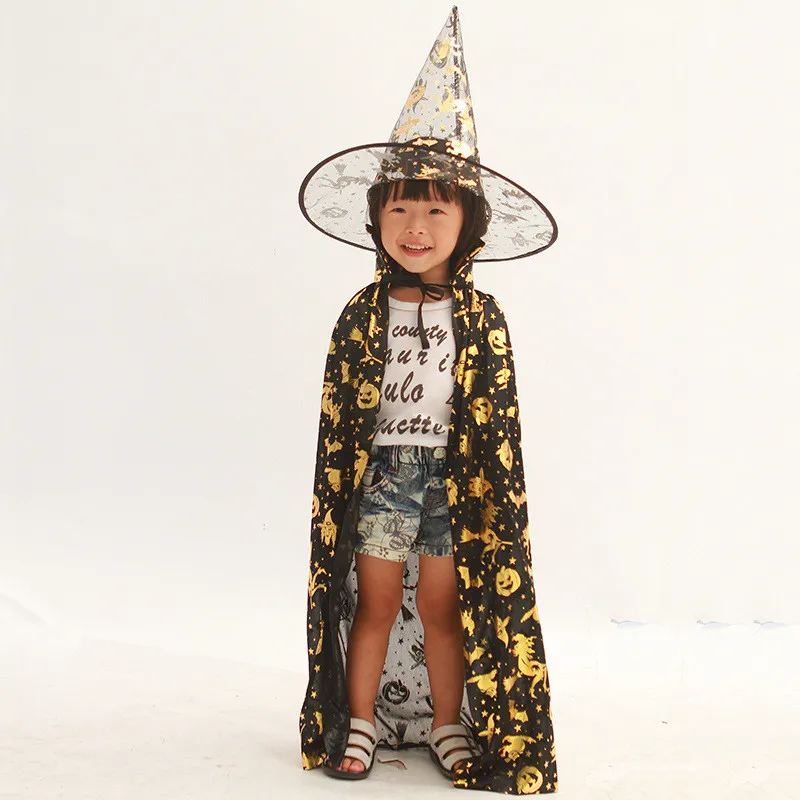 Halloween Costume Children Cloak And Hat Dress Suit Set Boys' Girls' Cosplay Gold-Plated Grim Reaper Witch Wizard Cloak