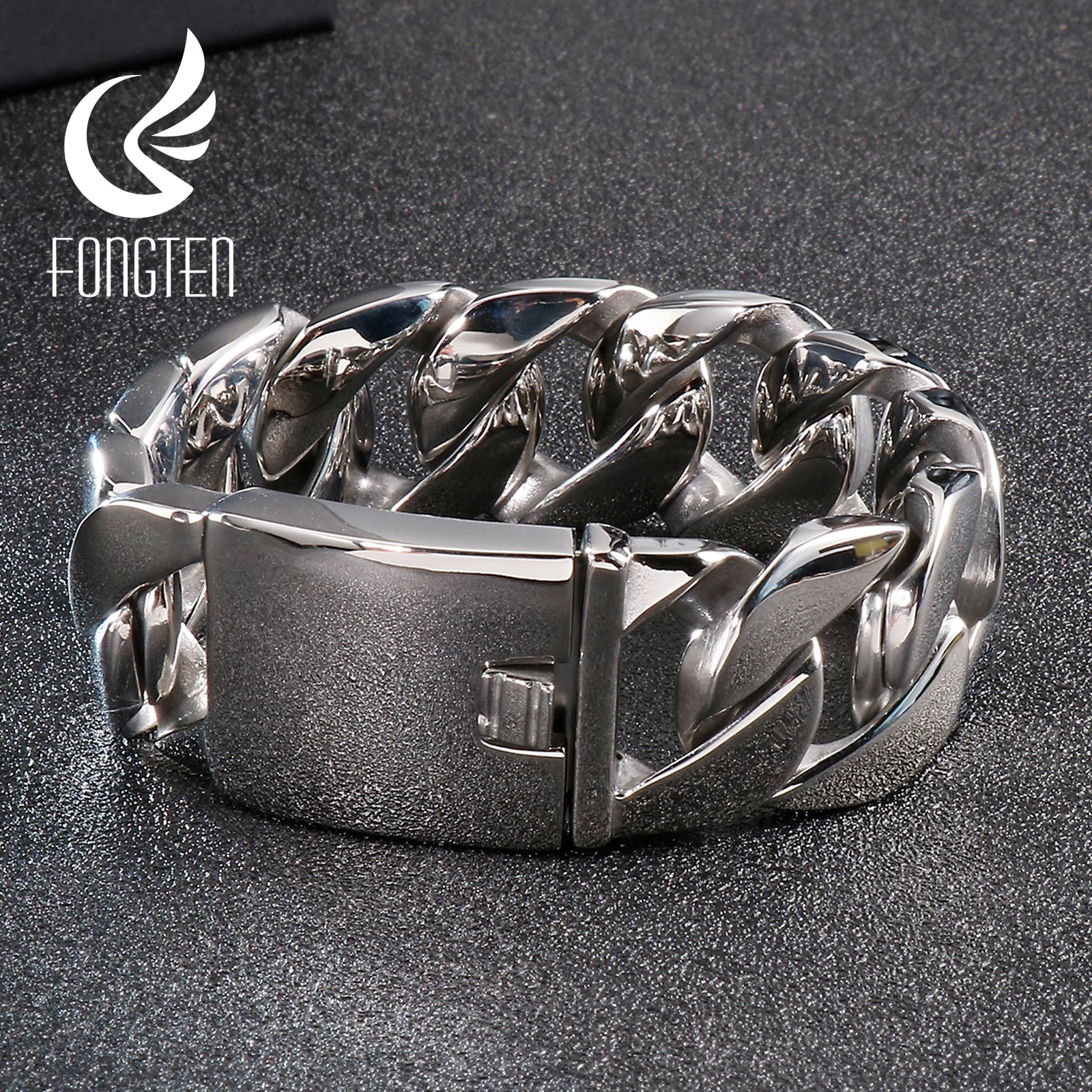 Fongten 21.5cm Cuban Chain Bracelet For Men Stainless Steel Curb Men Bracelets Bangles Silver Color Heavy Hip Hop Jewelry