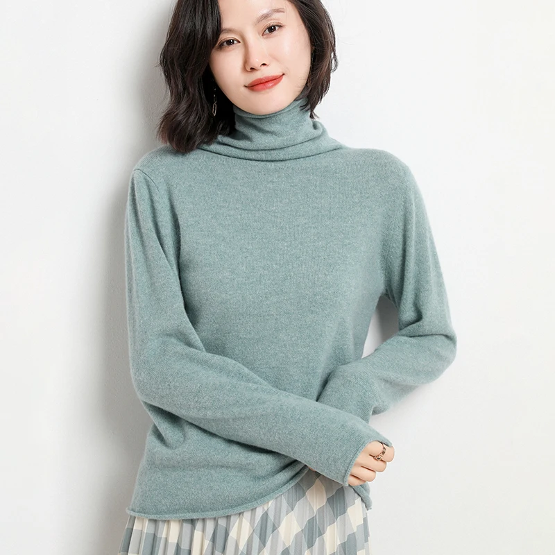 Women's Cashmere Sweater Autumn And Winter New Product 100% Pure Wool Pullover Loose Wild Soft Knit High Neck Korean Base Shirt
