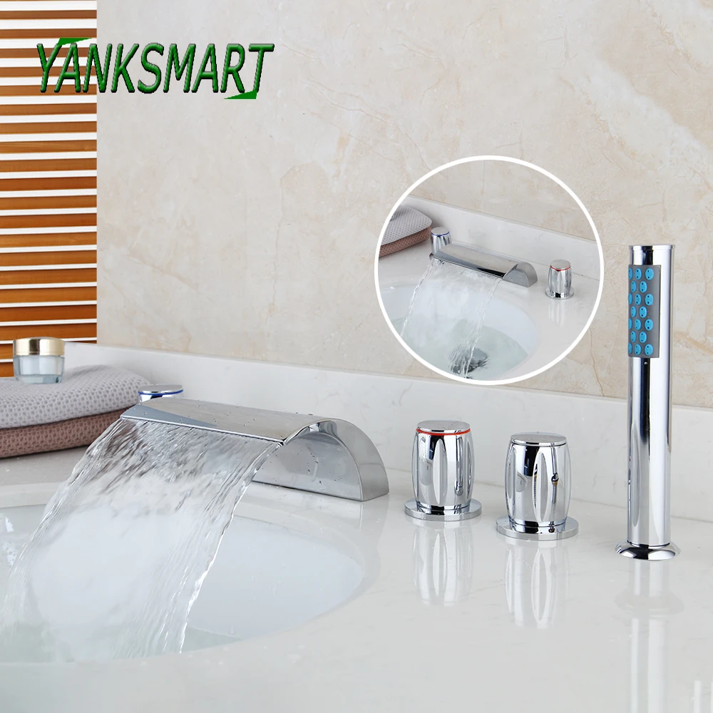 

YANKSMART Luxury Chrome Polished 5 Pcs Set Bathroom Bathtub Deck Mounted Faucet 3 Handles Waterfall Basin Cold And Hot Mixer Tap