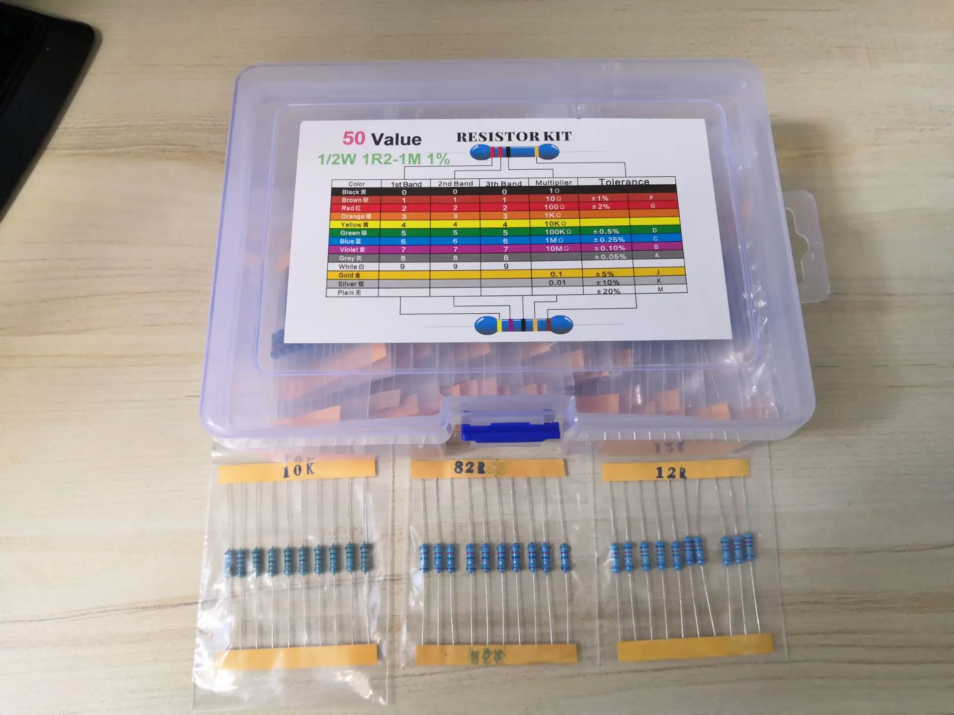 

50value*10pcs=500pcs Metal Film Resistor Kit 1.2r To 1m 1/2W 1% Box Assorted Kit Set 0.5W 3.3R 6.8R 51R 1.2k 2.2k 10k 47k 360k