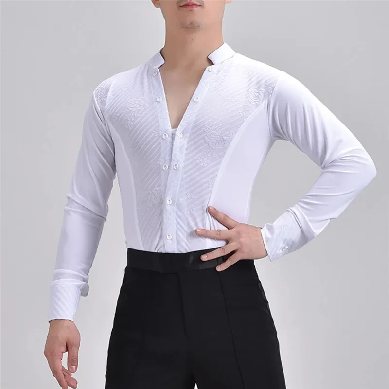 Camisa de baile latino con cuello en V para hombre, top de Baile Estándar, ropa de práctica de baile de salón, Samba blanca, Vals, Sexy