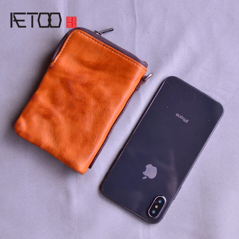 

AETOO First layer cowhide short zipper wallet, men's retro folding fold wallet, portable wallet, leather card holder