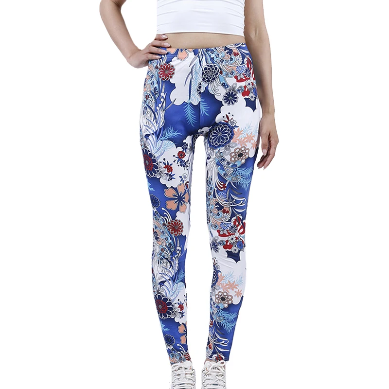 YSDNCHI-Leggings elásticos de cintura alta para mujer, pantalones deportivos con estampado de flores azules y blancas, para actividades al aire libre, Fitness