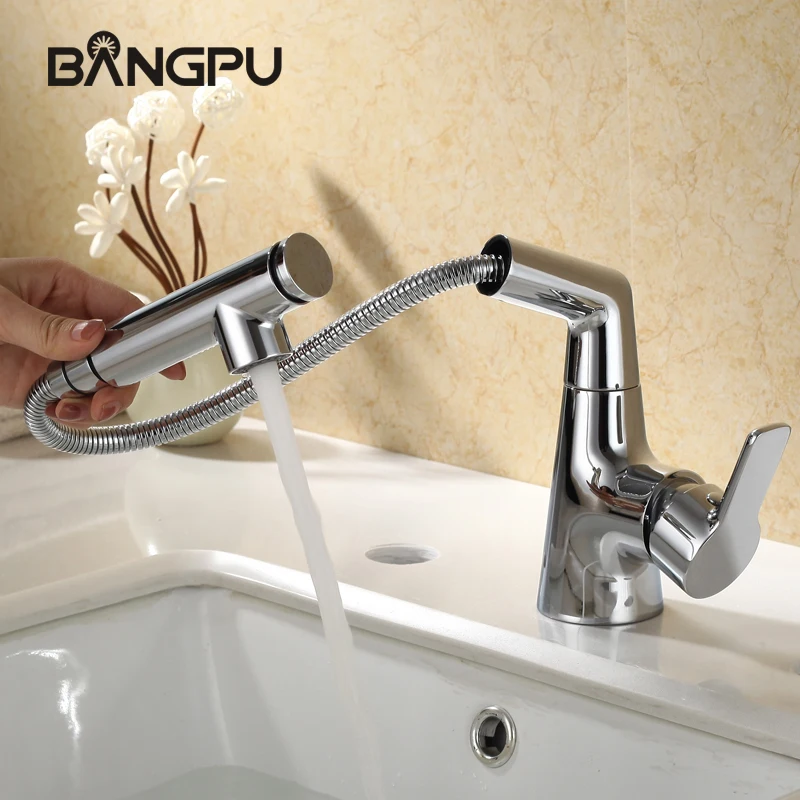 BANGPU Bathroom Basin Faucet Pull Out Sink Faucet 1 Hole Bathroom Faucet Basin Tap Single Handle Basin Tap Deck Mounted Chrome