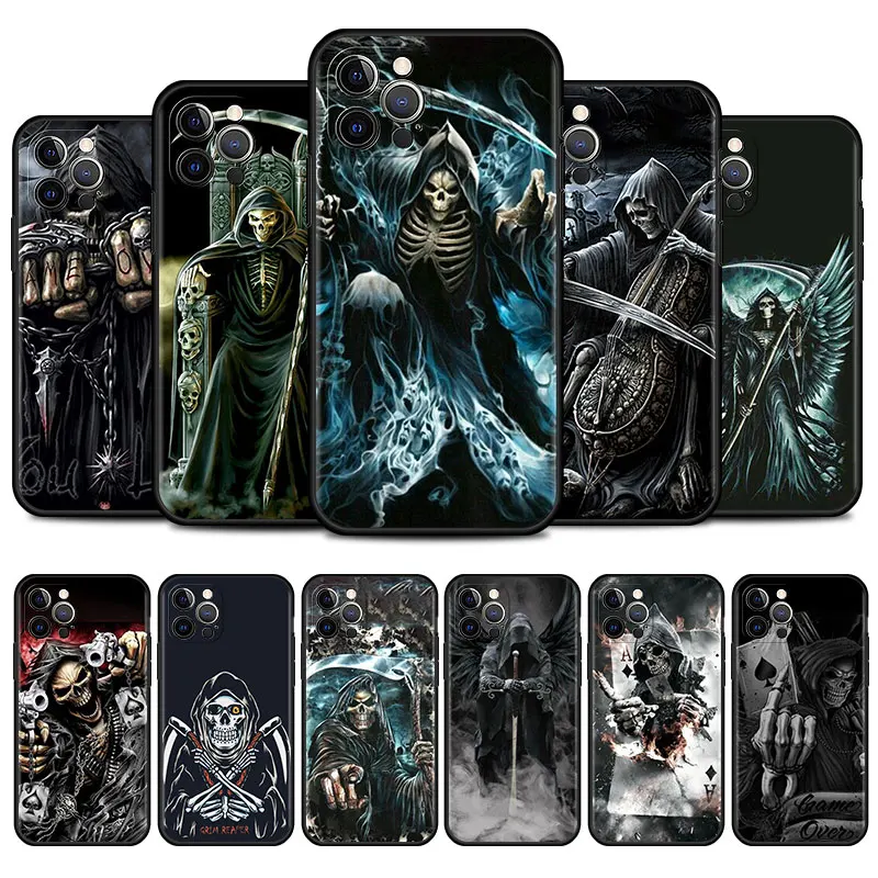 TPU Case for iPhone 11 12 13 Pro Max 12 Mini XR X XS MAX SE 7 8 Plus 14 Pro Phone Cover Grim Reaper Skull