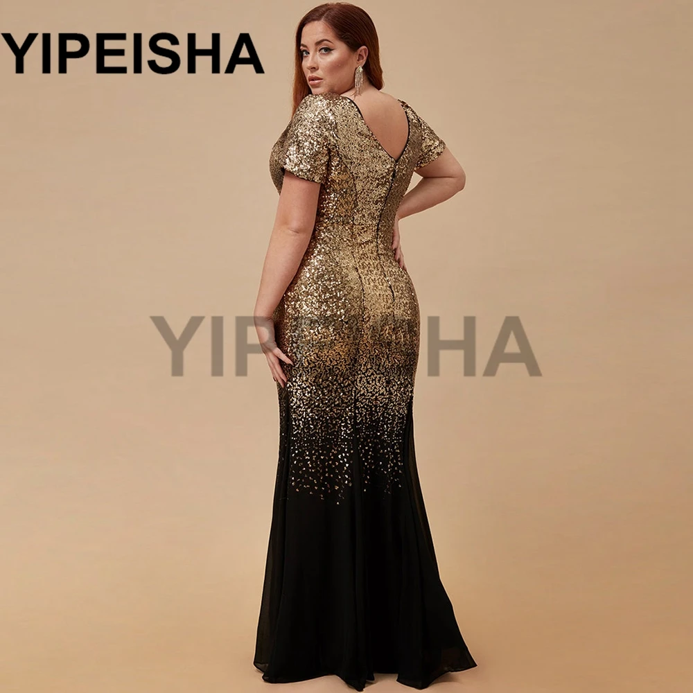 V-neck manga curta sem costas plus size vestidos de noite sereia glittery lantejoulas contraste cor oversize vestido de festa de formatura