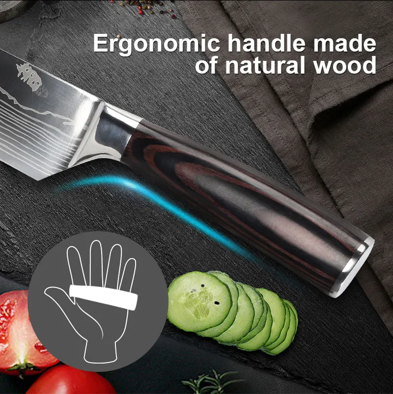 7CR17 Japanese Kitchen Knives Set Laser Damascus Pattern Chef Knife Sharp Santoku Cleaver Slicing Utility Knives Tools