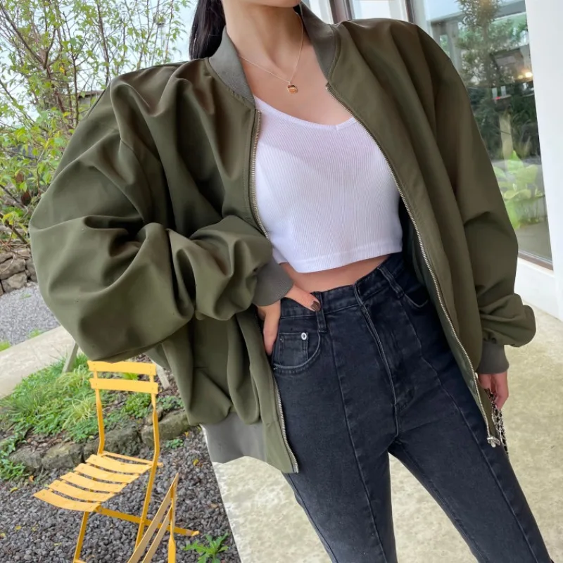 Bf Style Oversize Baseball Jacket For Women Streetwear Chic Casual Loose Jacket Ladies Oversize Solid Color Outwear Top