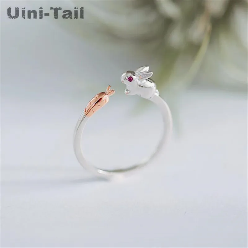 Uini-Tail 2024 new listing 925 Tibetan silver simple cute bunny carrot ring fashion creative small fresh sweet open ring ED495