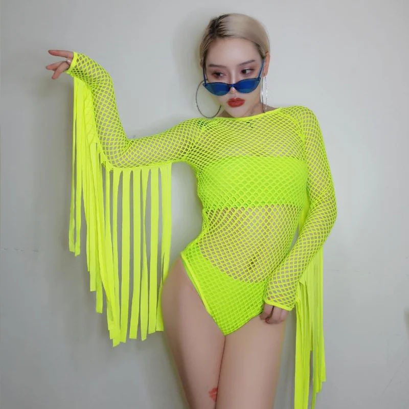 Jazz Dance Costume Neon Green Tassel Jumpsuit Nightclub Gogo Dancer Stage Hip Hop Clothes Dj Suit Female Rave Bodysuit DQL2452