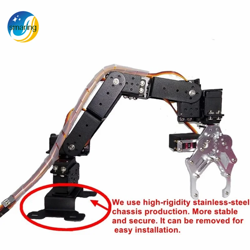 6 DOF Robot Arm + artiglio meccanico + 6 pezzi servos ad alta coppia + base in acciaio inossidabile, telaio rettangolare,