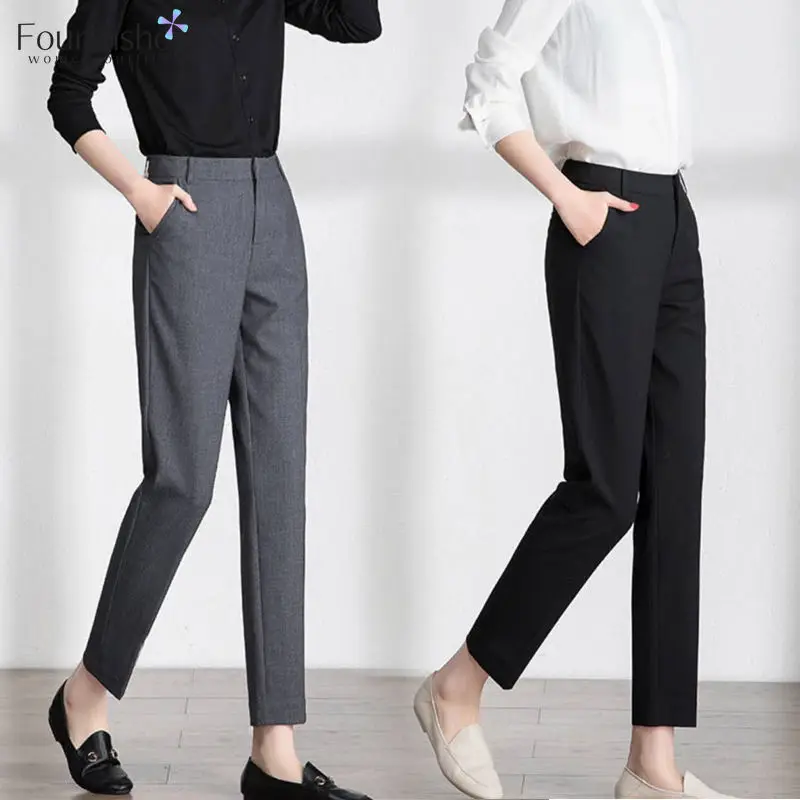 Office Work Wear Formal Pants Women Business Lady Trousers 2021 Autumn Winter Mid Waist Black Grey Pencil Pants with Belt Loop