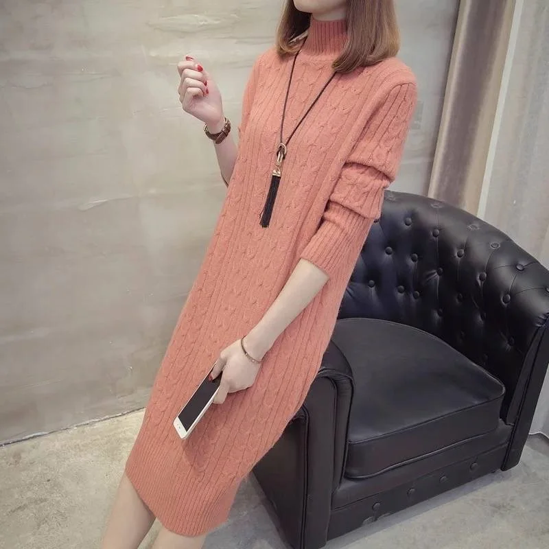 Mid-Length Knit Sweater Dress Women Winter 2022 Korean Streetwear Twist Base Dresses Half High Neck Elasticity Warm Dress Female