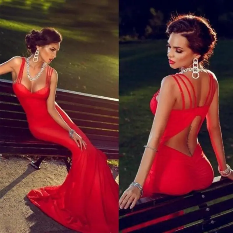 Sexy Hot Red Open Back Satin Prom Dresses Ingericht Mermaid Spaghetti Backless Lange Formele Avond Pageant Celebrity Jurken