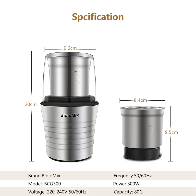 BioloMix-Especiarias Elétricas e Moedor de Café, Corpo de Aço Inoxidável, Lâminas Miller, 2 em 1, Molhado e Seco, Copos Duplos, 300W