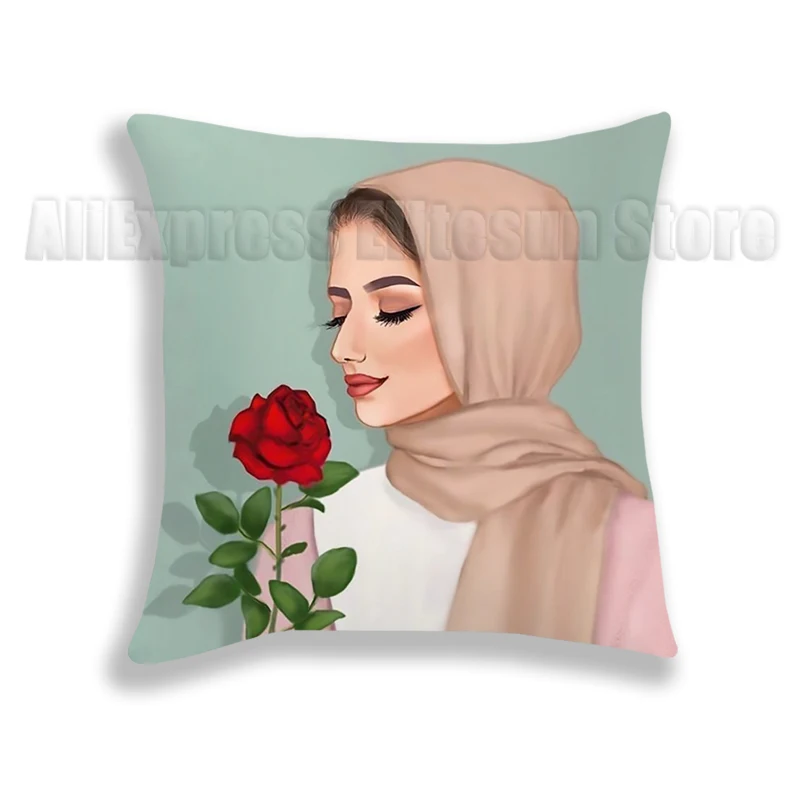 Sarung Bantal Mewah Wanita Dalam Hijab Wajah Muslim Islam Gril 45Cm Tanpa Sisipan Bantal Sofa Sarung Bantal Mobil Dekorasi Kamar Tidur