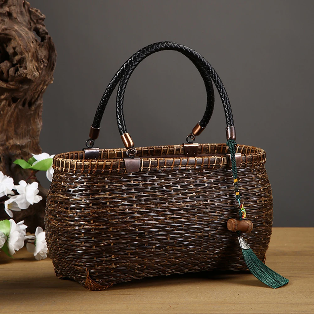 Handmade Weave Retro Bamboo Bag Portable Tea Cup Tea Pot Collection Bag Natural China Traditional Bammboo Handbag With Ornaments