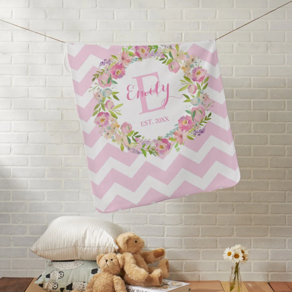 LVYZIHO Baby Blanket Custom Name Stripe Flower Baby Girl/Boy Blanket - 30x40 / 48x60 / 60x80 Inches - Fleece Blanket