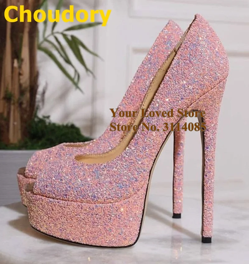 Choudory Pink Bling Bling Sequined High Heel Shoes Glittering Grete Wedding Shoes Platform Paillette Dress Pumps Dropship Heels