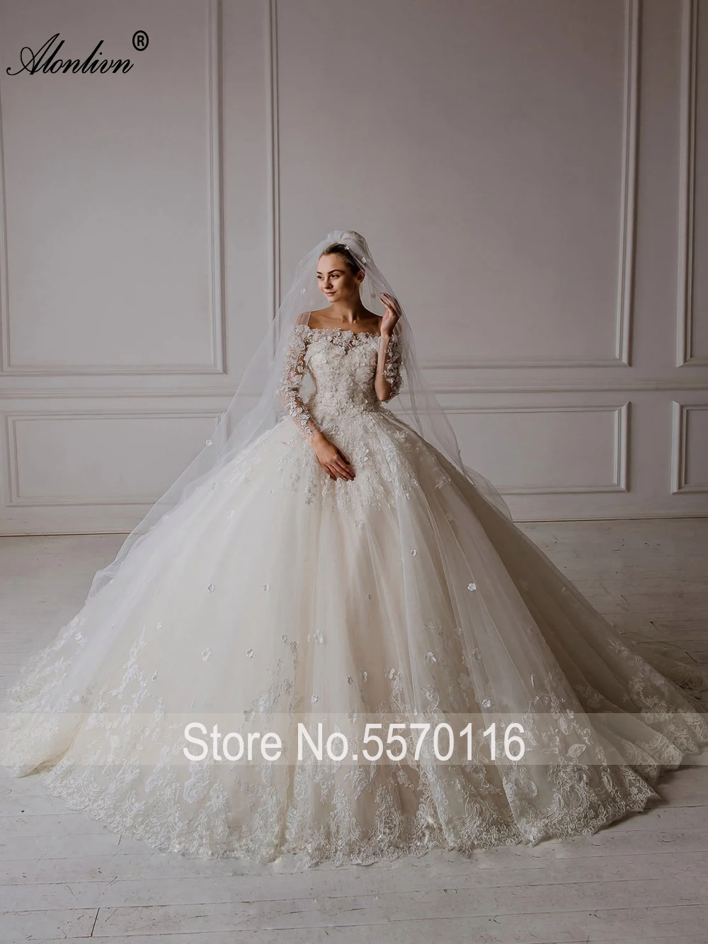 Alonlivn elegancka, długa suknia ślubna urocze frezowanie 3D aplikacje Off The Shoulder suknie ślubne Vestido De Novia