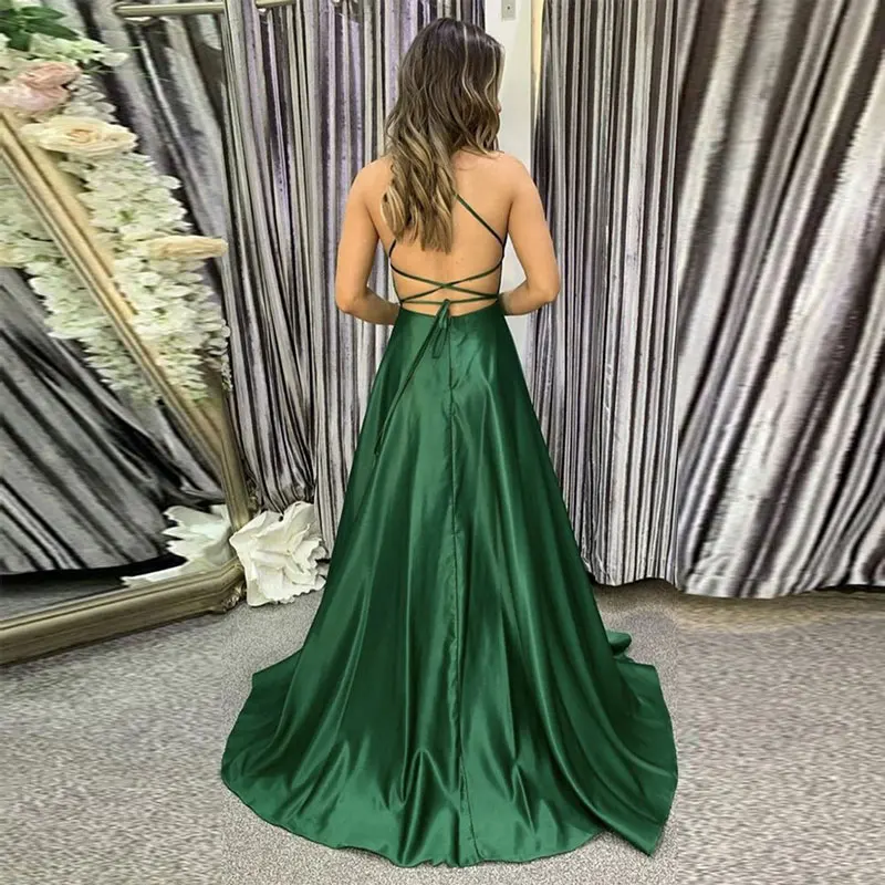 Groen Een Line Prom Dresses High Side Slit Spaghetti Strap Sexy Satin Avondjurk Terug Bandage Prom Gown Robe de Soiree