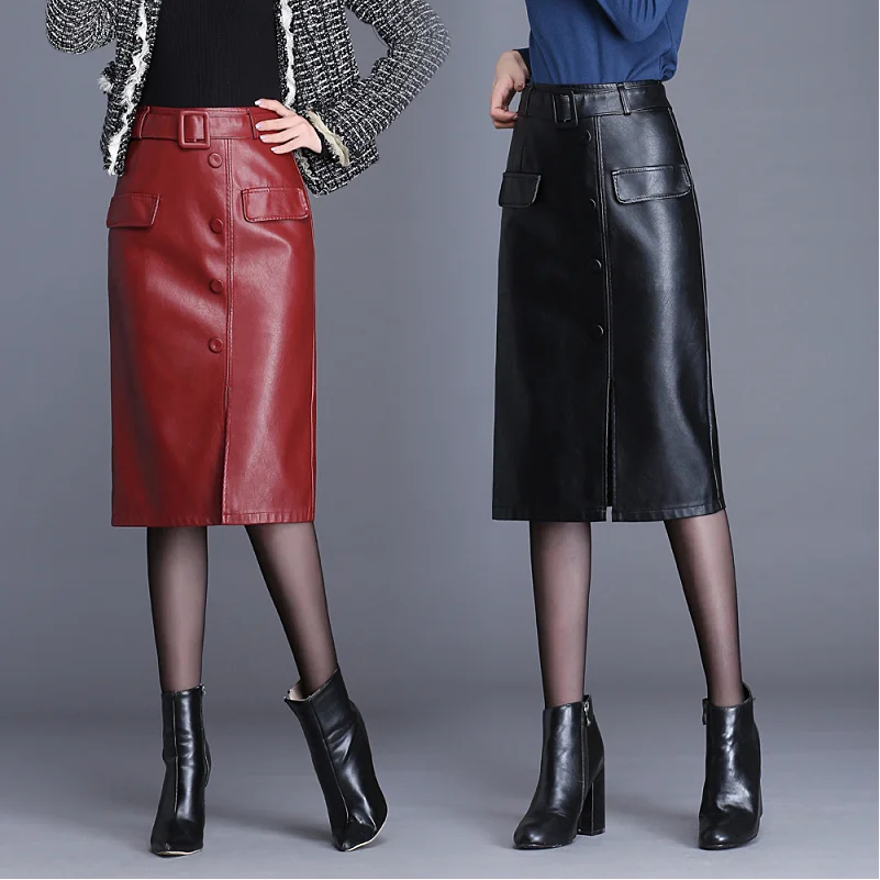 Solid color PU leather skirt spring and autumn women's long section new high waist was thin package hip split large size Skirts