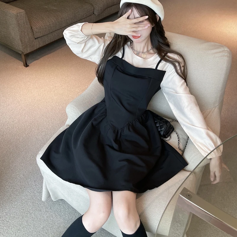 

Элегантное винтажное Черное мини-платье, женское корейское слитное офисное платье в стиле пэчворк, повседневное Сексуальное вечернее праздничное платье Y2K, новинка 2021