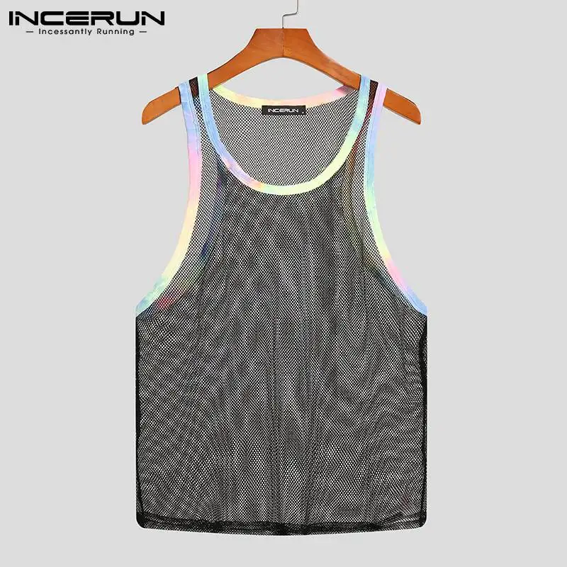 2023 Summer Men Tank Tops Mesh Patchwork Streetwear Sleeveless Sexy Casual Vests Transparent Breathable Workout Tops 5XL INCERUN