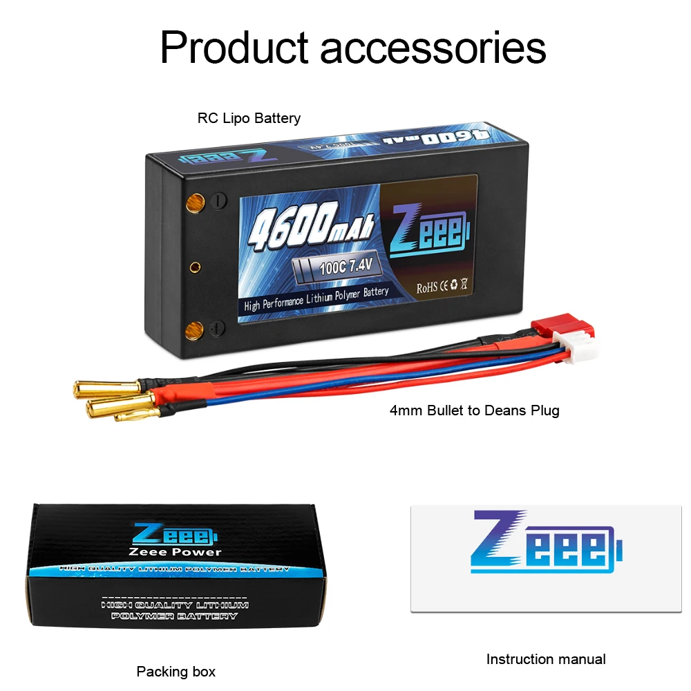 Zeee 2S Shorty Lipo 7.4V 4600mAh 100C RC Lipo Battery with 4mm Bullet Deans Ultra Plug for RC Car Truck Boat FPV Drones Parts